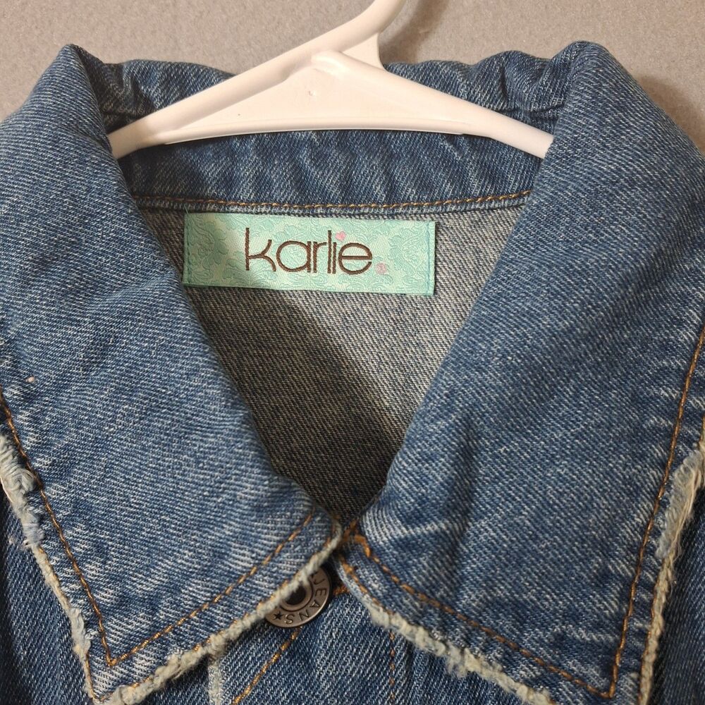 Karlie Blue Denim Jacket Embroidered Flowers Butterfly Hummingbird Retro Boho M - Picture 5 of 14